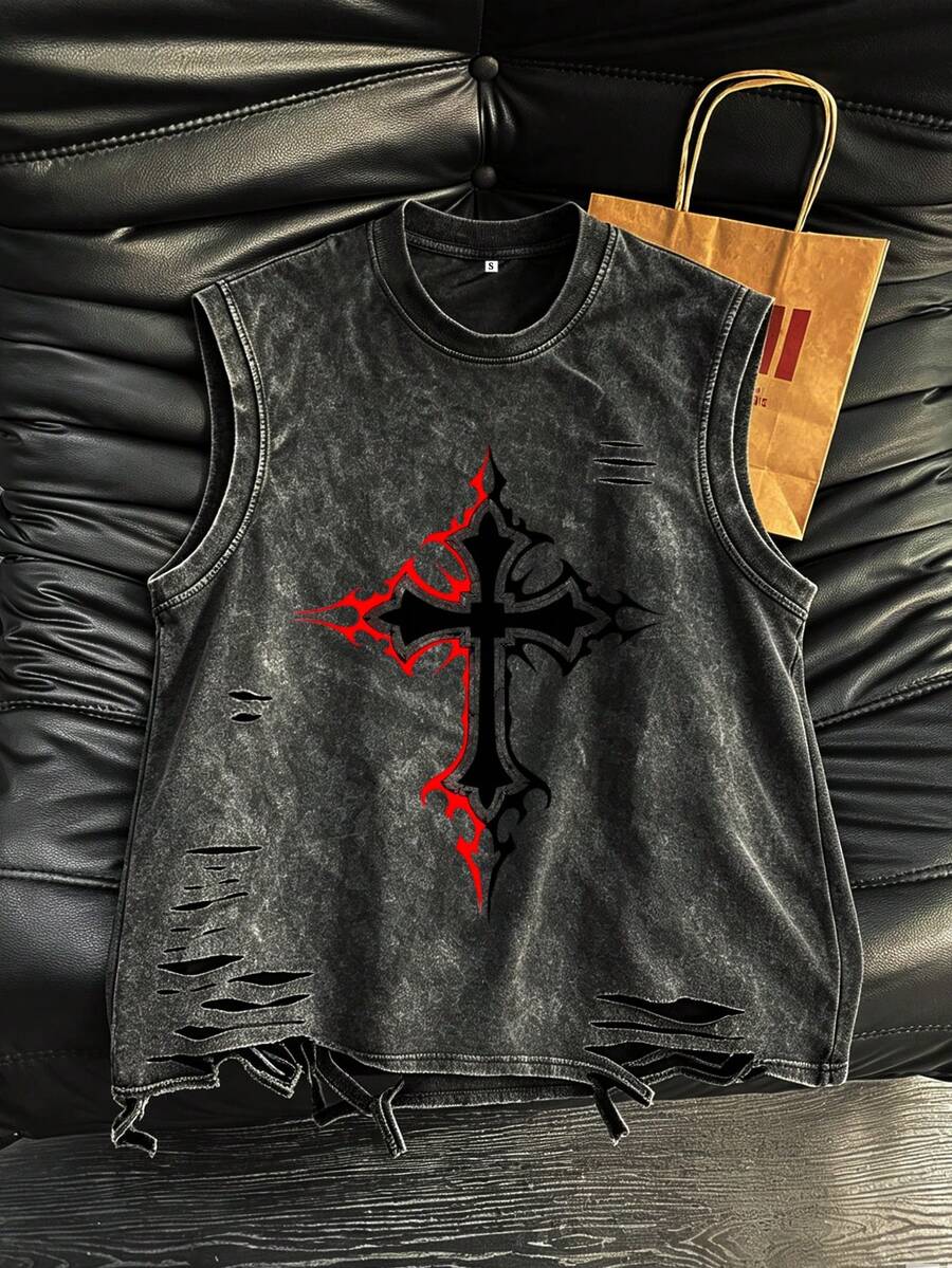 Vintage Washed Distressed Men's Tank Top - "FREE GANG" Gothic Cross & Club Graphic Tank - Black - View 1