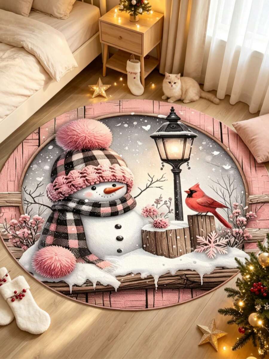 1件裝粉色聖誕金色可愛雪人裝飾地毯,客廳地毯,小客廳地毯,臥室地毯,客廳家居裝飾,戶外地毯,可機洗地毯 - 彩色 - 查看 1