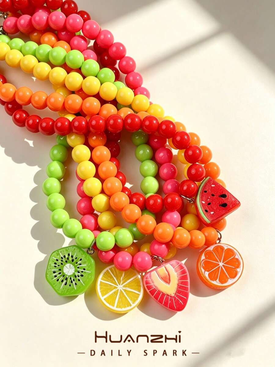 1pc Colorful Fruit Beaded Necklace, Dopamine Peach Kiwi Watermelon Orange Pendant Women's Necklace, Daily Casual Beach Vacation Jewelry - Multicolor - View 1