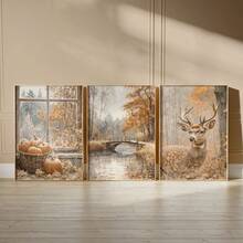 3Pcs Vintage Autumn Forest Canvas Wall Art, Spotted Deer Pumpkin Basket Wooden Bridge Lake Fall Oil Painting Prints, Rustic Farmhouse Decor For Living Room, Bedroom, Kitchen, Fall Nature Home Decoration, Halloween Decor, Posters & Prints, Frameless - 841 - View 9