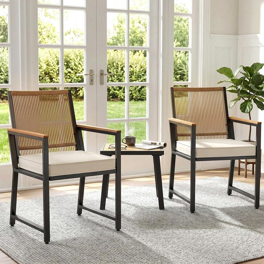3 Pieces Bistro Set, Outdoor WPC Table & 2 Wicker Chairs With 7cm Waterproof Cushions, Rattan Garden Furniture Set For Patio Balcony Backyard - Beige - View 1
