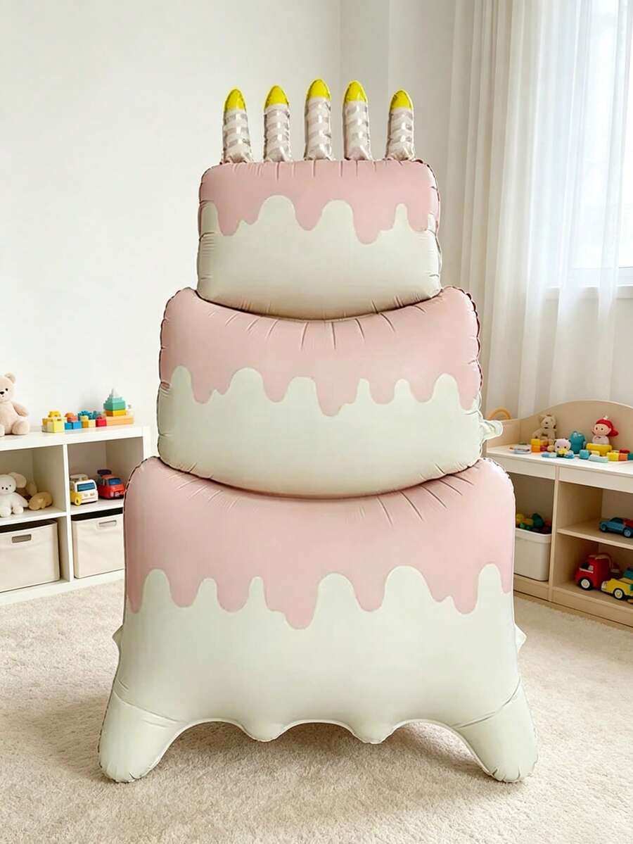 1pc Oversized Standing Birthday Cake Shaped Foil Balloon, Happy Birthday Party Decoration Balloon, Pink Birthday Cake Party Balloon - Pink - View 1