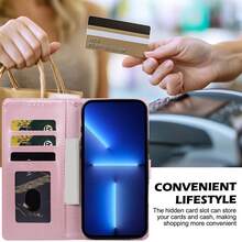 Cartera de teléfono de cuero sintético con elemento floral rosa, diseño de borde plegable con ranuras para tarjetas y cordón, proporciona protección completa para varios modelos de teléfonos inteligentes, resistente al agua, a los golpes, a los impactos y a los arañazos, regalo de primavera - Oro rosa - Ver 5