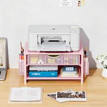 Marbrasse 2-stufiger Druckerständer, Monitor-Aufbewahrungsständer mit Schublade und 2 Stifthaltern, Metall-Büro-Organizer, Schreibtisch-Organizer für Fax, PC, Scanner (Weiß) YT2Y - Roségold - Übersicht 7