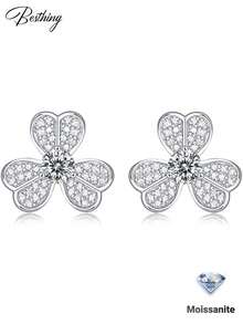 1 par de pendientes de tachuela de trébol de moissanita de 0.6CT en plata S925, adecuados para compromiso, boda, fiesta, vacaciones, regalo de temporada de bodas de mujer - Multicolor - Ver 1