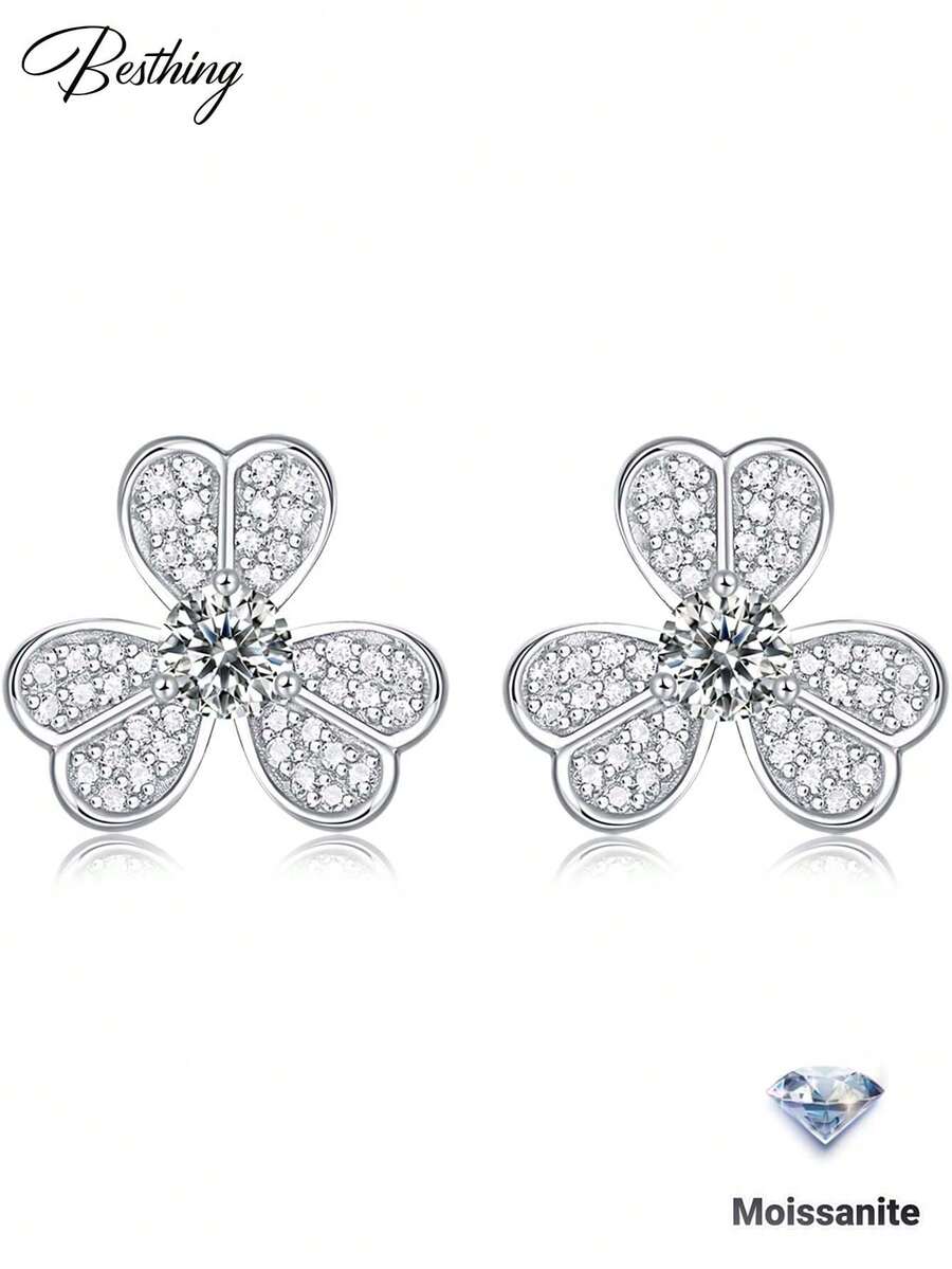 1 par de pendientes de tachuela de trébol de moissanita de 0.6CT en plata S925, adecuados para compromiso, boda, fiesta, vacaciones, regalo de temporada de bodas de mujer - Multicolor - Ver 1