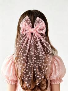 1pc Girls Pink Floral Lace Bow Hair Clip, Long Tulle Tassel Hair Accessory, Suitable For Daily And Party Hairstyles - Multicolor - View 5