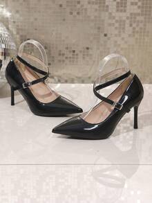 Women's Black Glossy Cross Strap Pointed Toe Low Vamp Stiletto Heel Pumps, Y2K Elegant Commuter Style High Heels - Black - View 8