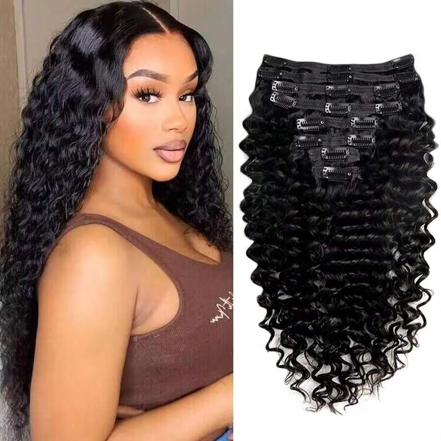 Deep Wave Clip In Hair Extensions Human Hair Brazilian Clip In Natural Black Color Clip Ins Remy Hair 16-26 Inch For Women