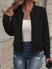 Jaket Baseball Wanita Hitam Motif Hati Berlapis, Lengan Panjang, Resleting, Detail Rajutan Bergaris, Pakaian Luar Kerah Baseball Potongan Reguler yang Modis - Hitam - View 1