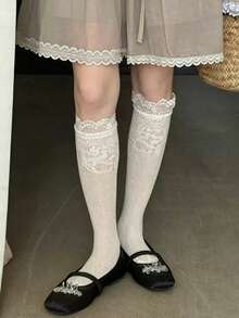 1 Pair French Vintage Girl Calf Socks, Y2K Sweet Cool Style, Spring Summer Lace Hollow Mesh Slouch Socks - Multicolor - View 5