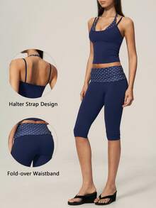 TimeOff Women's One Set Polka Dot 2 In 1 Spliced Thin Strap Tank Top & Folded Waist Shorts Sports Set - Blue - View 10