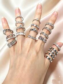 3/6/9/12pcs Elegant Stainless Steel Women's Ring Set, Rhinestone English Letter Round Zirconia Matte Multi-Style Stackable Rings, Suitable For Daily Commute, Dating, Confession, Engagement, Wedding Gift, Gentle Accessory, Random Style And Size - Silver - View 7