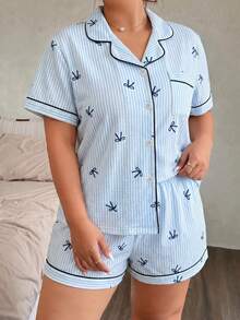 2pcs Comfortable Striped Bow Print Plus Size Summer Short Sleeve Lapel Top And Bow Shorts Women Pajama Set - Blue - View 5
