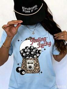 Feeling Lucky Cherry Graphic T-Shirt For Women, Casual Short Sleeve Crew Neck Printed Tee, Aesthetic Y2K Summer Top, Holiday Vacation Spring Festival - 藍色 - 查看 17