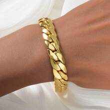 Bold Classic 18K Gold Plated Shiny Thick Cuban Copper Bracelet, Unisex, Suitable For Daily Wear And Party - Gold - View 3
