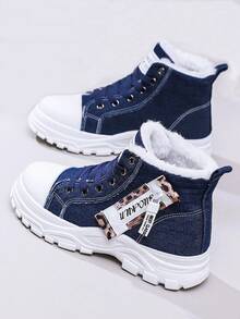 Flipark 1 Pair Leopard Print Lace-Up Thick Sole High-Top Boots For Women, Warm Lining, Sizes 36-43, Suggest Ordering One Size Up, Street Style Boots For Winter - Blue - View 2