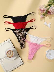 Paquete de 5 bragas tipo tanga con estampado de leopardo, parches de encaje y lazo para mujer - Multicolor - Ver 1