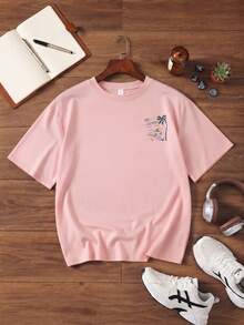 Camiseta Rosa de Manga Curta com Gola Redonda, Estampa de Palmeira e Viagem de Carro na Frente e nas Costas, Plus Size Feminina, Elasticidade Média, Solta, Casual para Verão, Praia e Férias - Rosa chiclete - Visão 8