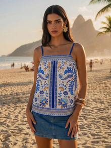 CAJUNI Women Floral Print Casual Boho Versatile Daily Wear Camisole Top Beach Vacation White Summer - Multicolor - View 5