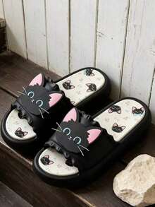 Women's Cartoon Black Cat Slippers, Sweet & Cool Style Summer Outdoor Casual Soft Bottom Flip Flops, Indoor/Outdoor Slip-On Sandals (Run Small By One Size) - Black - View 2
