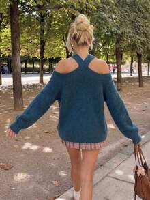 Women's Autumn/Winter Blue Criss-Cross Halter Neck Cold-Shoulder Knit Sweater, Long Sleeve Elegant French Casual Sexy Daily Wear Pullover - Blue - View 8