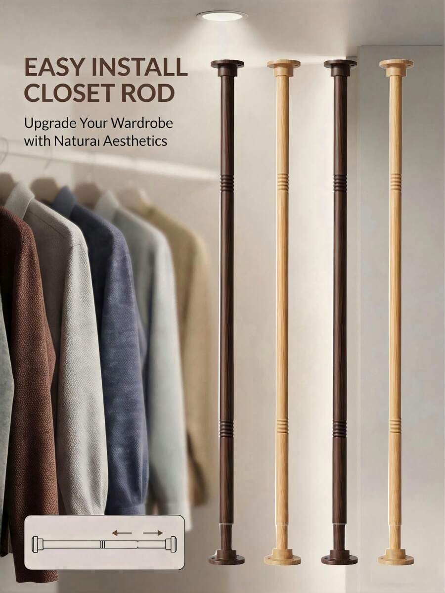 Telescopic Wardrobe Support Rod, Drill-Fixed Heavy Duty Wood Grain Closet Hanging Rod, Wall-Mounted Reinforced Expandable Clothes Support Bar, High Load-Bearing Extendable Wardrobe Storage Rod, Suitable For Wardrobes And Cabinets