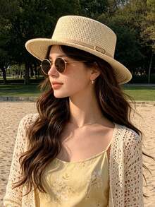 1pc Women's Straw Hat, Bohemian Polyester Fiber Fashion Outdoor New Style, Wide Brim Personalized Sun Protection Breathable Solid Color Straw Hat Suitable For Daily Outdoor Travel - Multicolor - View 9