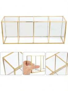 Makeup Brush Holder 3/4 Compartment Glass And Brass Cosmetic Storage 19.5*7*9cm Vintage Makeup Storage Box - Clear - View 11