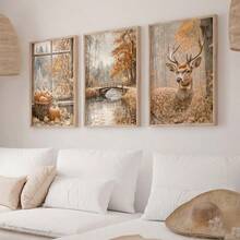 3Pcs Vintage Autumn Forest Canvas Wall Art, Spotted Deer Pumpkin Basket Wooden Bridge Lake Fall Oil Painting Prints, Rustic Farmhouse Decor For Living Room, Bedroom, Kitchen, Fall Nature Home Decoration, Halloween Decor, Posters & Prints, Frameless - 841 - View 8