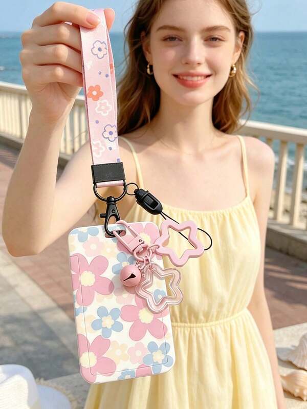Floral Print Card Holder Badge Clip, Fashionable ID Card Holder With Lanyard, Multi-Purpose Storage Bag For Cards, Keys, Small Items, Casual Floral Pattern ID Card Holder, Suitable For Women, Fashion Enthusiasts, Office Workers, Daily Office, Commuting, Back To School, Travel, Valentine's Day, Teacher's Day, Mother's Day, Halloween, Dorm, Graduation Season