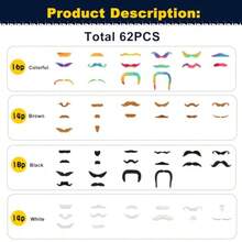 Vivinin 62PCS Fake Mustache, 18 Designs Self-Adhesive Fake Mustaches, Novelty Hairy Fake Beard For Role-Playing, Halloween, Birthday Party, Christmas - As Pic - View 2