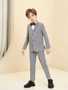 Boys Plaid 3 PiecesSuit Set, Toddler Formal Wear, Groomsman Outfit, Wedding Suit Vest & Pants, Formal Attire, Light Gray, 3-8 Years - Light Grey - View 5