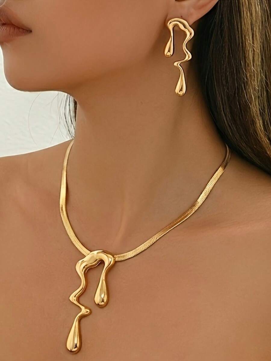 2pcs/Set Fashion Minimalist Golden Liquid Flow + Water Drop Asymmetrical Shape Pendant Necklace & Earrings Set, Suitable For Daily Wear, Party, Holiday Gift - Yellow Gold - View 1