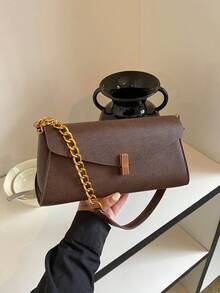 Vintage Brown Textured Flap Bag With Metal Chain Underarm Bag, Luxury Versatile Commuter Shoulder Handbag - Coffee - View 6