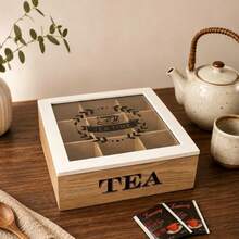1pc Wooden Tea Box, Multiple Sizes Available, Tea Bag Compartment Storage Box, Coffee Bag Multi-Functional Container, With Transparent Flip Lid Desktop Tea Bag And Tea Leaf Storage Box, 9/4 Compartment Coffee Snack Tea Bag Organizer Box, Candy Storage Container, Creative Home Decor, Wooden Storage Box With Transparent Glass Lid, Black/White - Multicolor - View 6