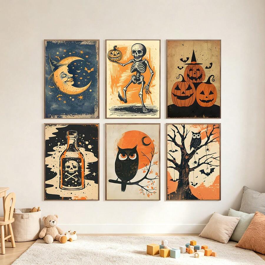 1/6 pezzi Arte da parete vintage di Ognissanti, Decorazione per la casa, Stampe d'arte da parete, Luna, Zucca, Gufo, cartellone decorativi per la camera dei bambini, Regali di Ognissanti, Arte da parete