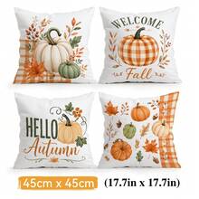 4 piezas Fundas de almohada con patrón de calabaza de otoño a cuadros naranjas sin rellenos, fundas de almohada impresas en un solo lado, adecuadas para sala de estar, dormitorio, decoración del hogar, fundas de almohada para todas las estaciones - Multicolor - Ver 12