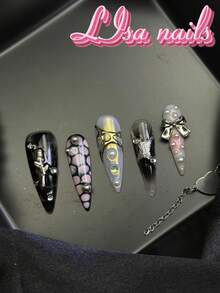10pcs Handmade Fully Covered Stiletto Nails Press On Nails,Black Fake Nails,Glossy Minimalist Y2K Cool Harajuku Reusable,With Jelly Glue&Nail File,Suitable For Daily Festival Party Cosplay,Girly Wild Animal Print Edgy Cute Retro Manicure Gift - Black - View 7