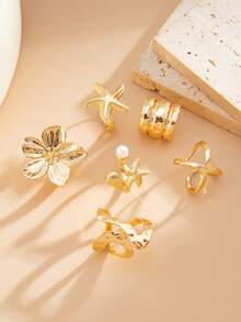 6pcs Vintage Bohemian Vacation Style Gold Flower & Starfish Ring Set, Stackable Rings, Women's Fashion Jewelry - Yellow Gold - View 6