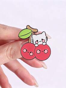 1pc Cute Cherry Cat Enamel Pin, Cartoon Kitty On Smiling Cherry, Sweet Fashion Accessory For Clothes And Backpacks, Gift For Cat And Fruit Lovers - Multicolor - View 8