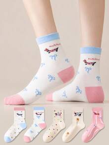 ZUJO 5 Pairs Women's Mid-Calf Socks, Star Bow Polka Dot Cartoon Puppy Pattern Short Socks, Simple And Comfortable, Suitable For Spring Autumn Winter Sports Wear - Multicolor - View 2