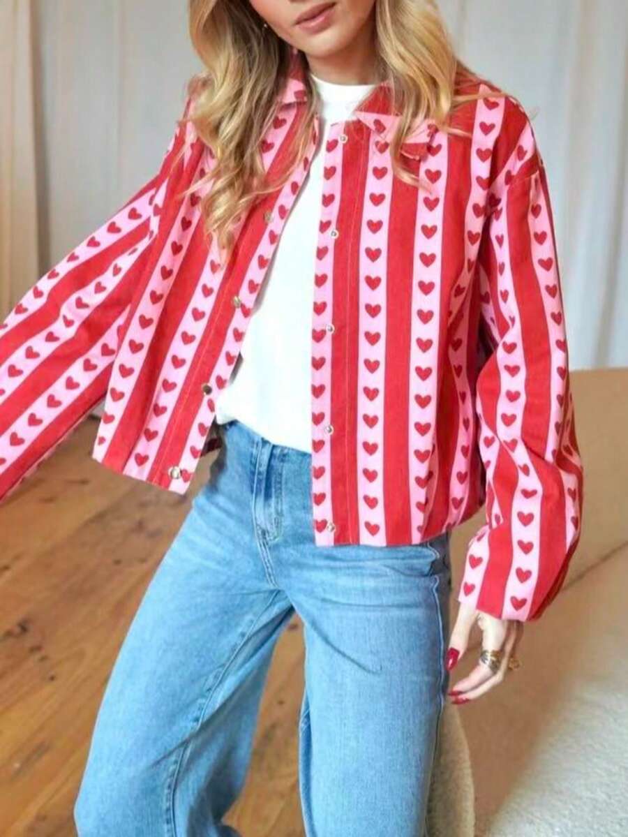 Women's Colorful Heart Print Button-Front Shacket, Collar And Long Sleeve, Woven Regular Fit, Suitable For Spring And Autumn - Red - View 1