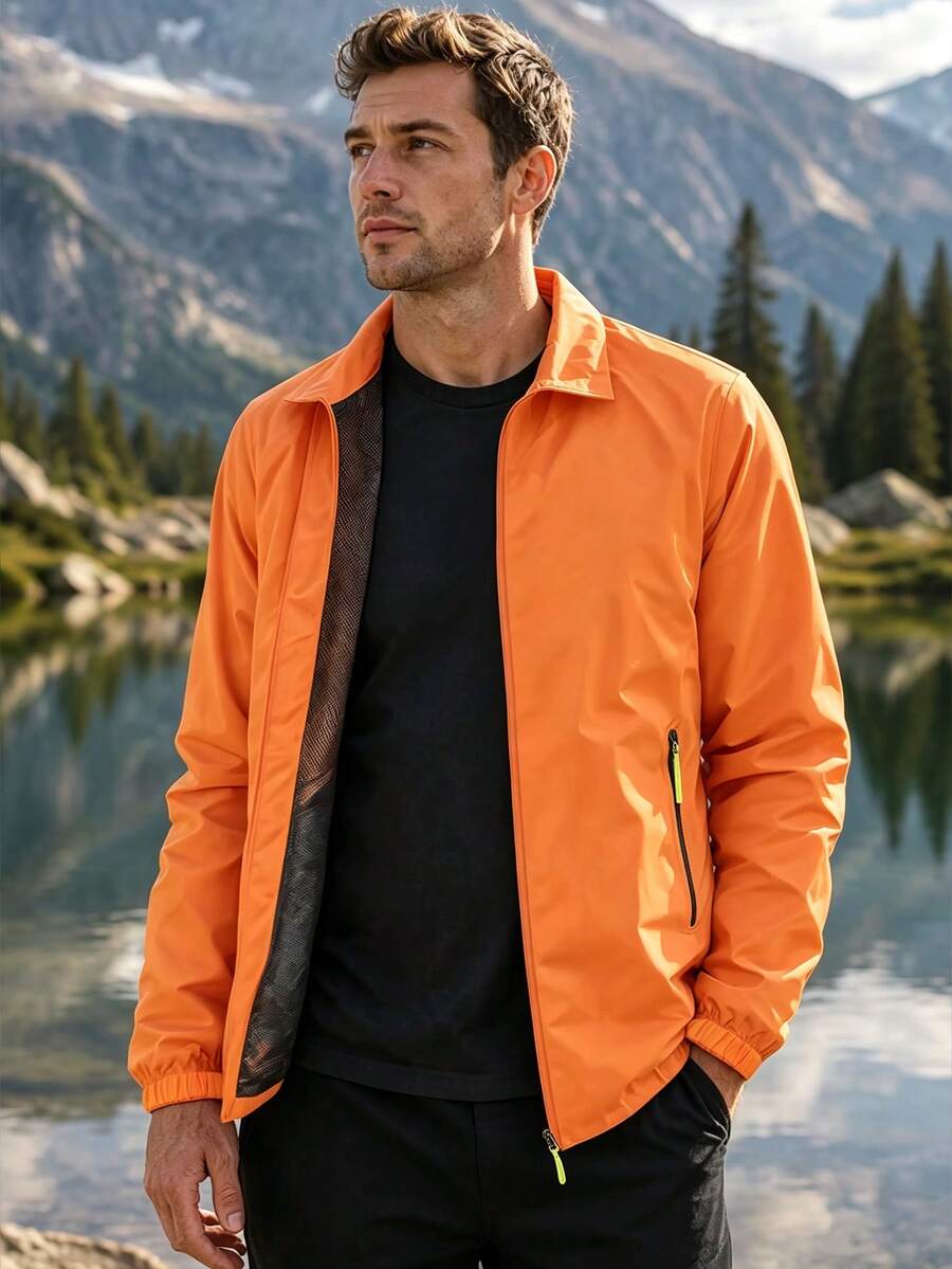 Men's Solid Orange Stand Collar Zip-Up Outdoor Jacket, Lightweight Mesh Lining, With Zippered Pockets, Suitable For Hiking, Camping, And Casual Wear. - Orange - View 1