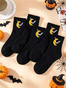 5 pares de calcetines de media caña para mujer de Halloween, con patrón de luna y murciélago, lavables a máquina - negro, adecuados para fiestas de Halloween y uso diario, calzado festivo, diseño de calcetines peculiar, material de calcetines cómodo - Multicolor - Ver 6