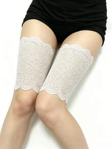 Women's White Floral Lace Thigh Sleeves, Scallop Border Sheer Lace Leg Covers, Chic Decorative Leg Accessories - White - View 2