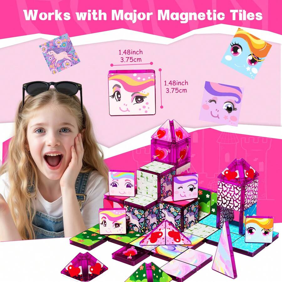 3.75 Magnetic Tiles 52PCS Colorful Window Mini Travel Set, Children STEM Education Building Blocks Toy, Educational Magnetic Blocks Set, Birthday Gift Christmas Gift - Multicolor - View 1