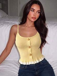 Women's Yellow Ribbed Knit Camisole, Tie-Front Ruffle Trim Camisole, Casual Cropped Tank Top For Summer - Yellow - View 1