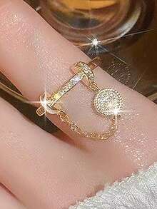 1pc Exquisite Sparkling Hanging Pendant Cubic Zirconia Gold-Plated Adjustable Rings,For Daily Wear,Dates,Vacation,Summer Beach,Bohemian Style Jewelry - Yellow Gold - View 5