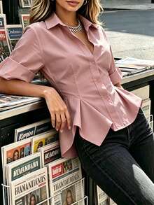 Women's Woven Fabric Short Sleeve Shirt Collar Top, Asymmetric Hem And Bell Sleeves, Regular Length Fashion Top Pink Summer - Pink - View 4